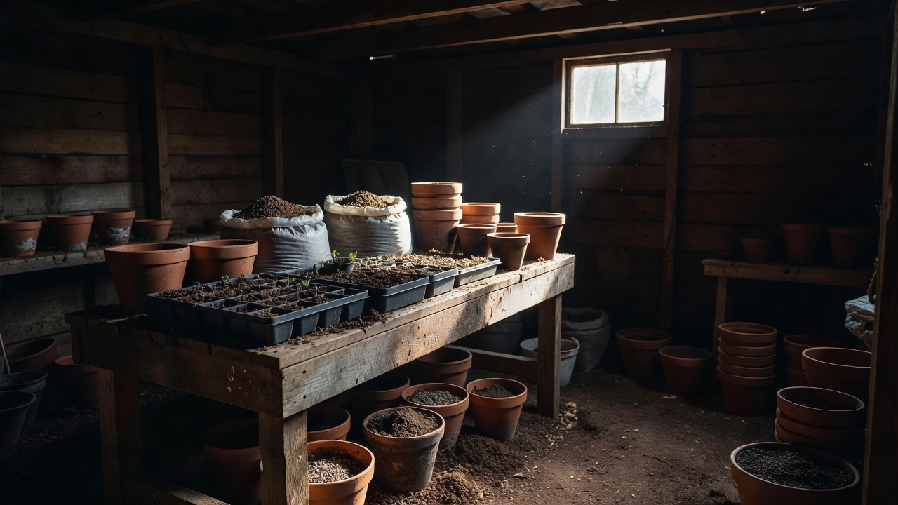 Wooden potting bench with seed trays, grit and terracotta pots in a dim shed lit by one window