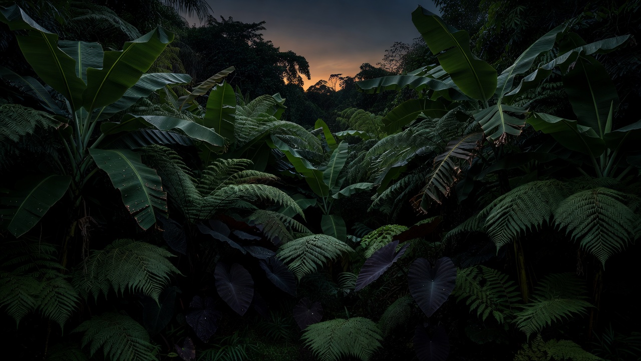 Dense border of banana, tree fern and dark taro leaves in deep shadow at dusk