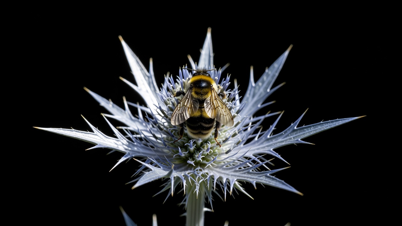 Bumblebee on a spiky silver sea holly flower, dramatically lit against a black background