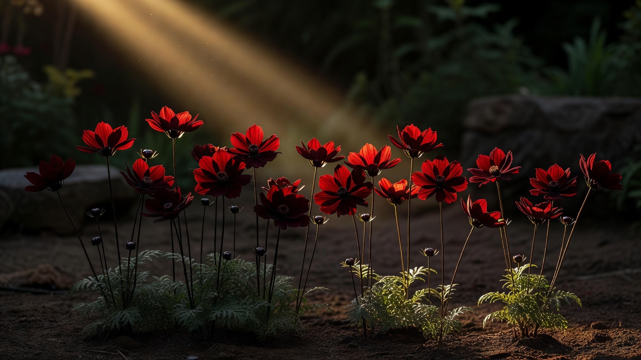 Row of chocolate cosmos flowers glowing deep red in a shaft of late sun against shadow