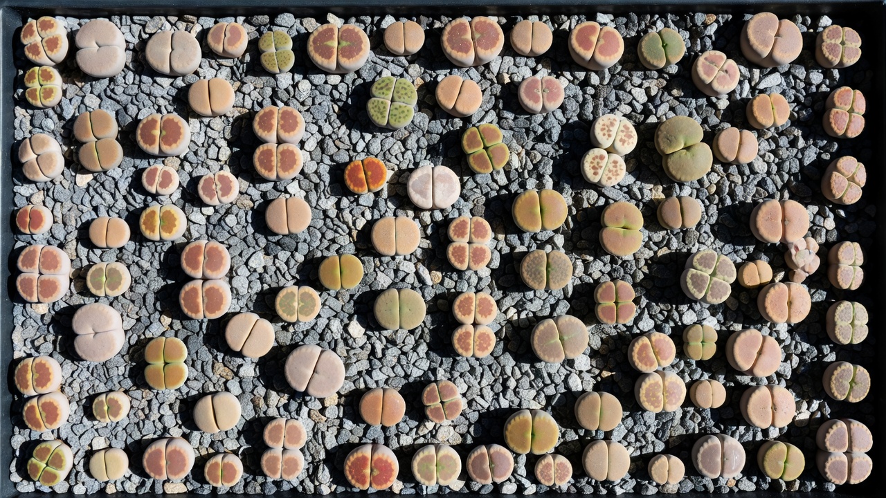Tray of lithops living stones in grey gravel with sharp black shadows from overhead sun